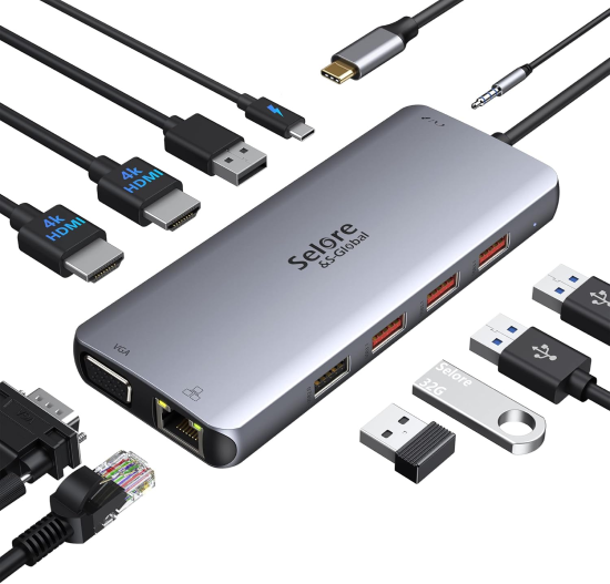 Docking Station Dual HDMI 11 in 1, USB C Hub Multiport Adapter with 2 HDMI, VGA, RJ45 Ethernet, USB 3.1/2.0, 100W PD for MacBook, Dell, Surface