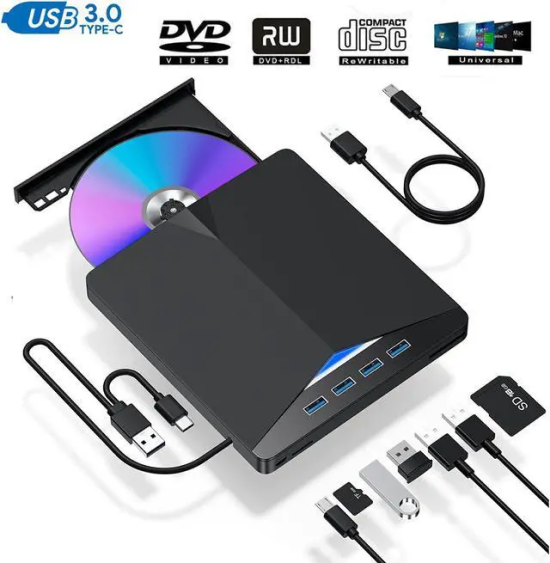 7-in-1 External CD DVD Drive for Laptop, USB 3.0 USB C Portable CD/DVD ROM +/-RW DVD Player with TF/SD Card Slots, Optical Disk Drive Reader Writer Burner Fit for Laptop Mac PC Windows Linux