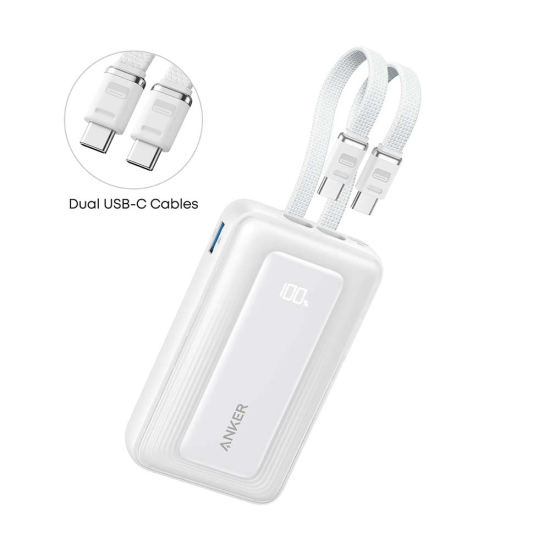 Anker Zolo 10000mAh Power Bank 30W Fast Charging with Built-in USB-C & Lightning Cables - Black - White
