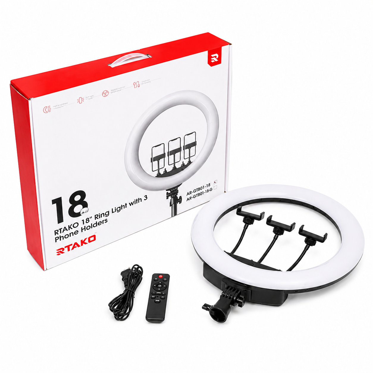 RTAKO AR-GTB01-18 18″ Ring Light with 3 Phone Holders