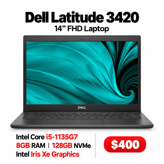 Dell Latitude 3420 14" FHD Laptop, Core i5-1135G7 - 8GB RAM - 128GB NVMe - Intel Iris Xe Graphics