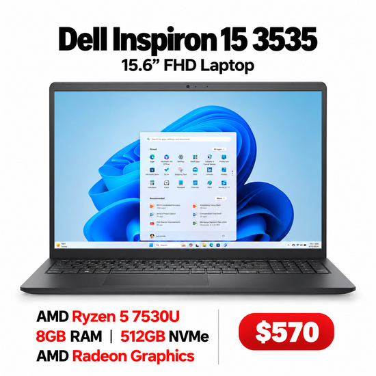 Dell Inspiron 15 3535 15.6" FHD Laptop, AMD Ryzen 5 7530U - 8GB RAM - 512GB NVMe - AMD Radeon Graphics