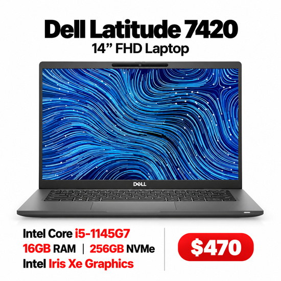 Dell Latitude 7420 14" FHD Laptop, Intel Core i5-1145G7 - 16GB RAM - 256GB NVMe - Intel Iris Xe Graphics