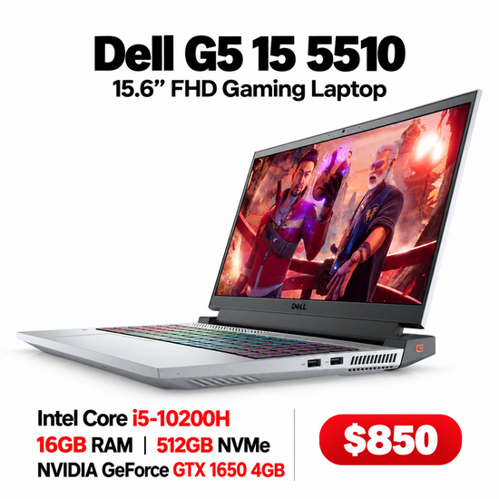 Dell G5 15 5510 15.6" FHD Gaming Laptop, Intel Core i5-10200H - 16GB RAM - 512GB NVMe - NVIDIA GeForce GTX 1650 4GB