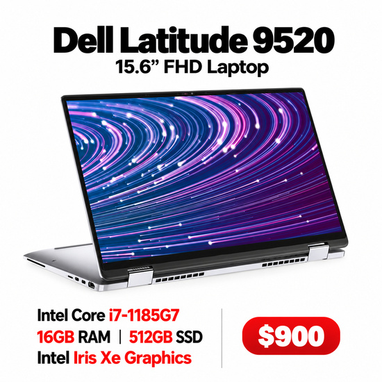 Dell Latitude 9520 2in1 15.6" FHD Laptop, Intel Core i7-1185G7 - 16GB RAM - 512GB SSD - Intel Iris Xe Graphics